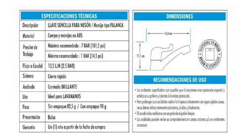 LLAVE SENCILLA LAVAMANOS ABS MANIJA TIPO PALANCA