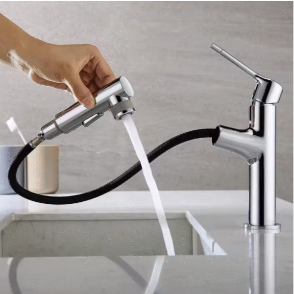 MEZCLADOR LAVAMANOS BAJO  EXTRAIBLE CUERPO EN LATON MANIJA EN ZINC CARTUCHO CERAMICO 35MM CROMADO