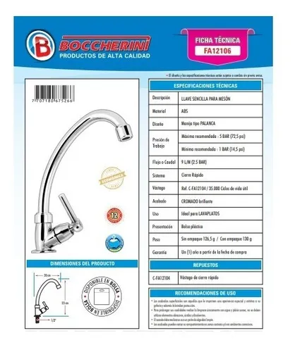 LLAVE SENCILLA LAVAPLATOS CROMADA MANIJA TIPO PALANCA
