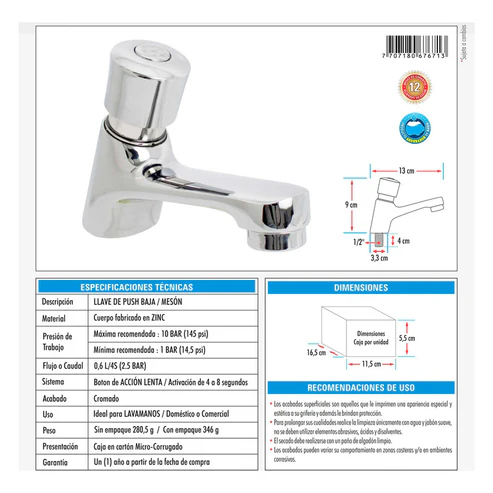 LLAVE DE PUSH LAVAMANOS BAJA REF. YW040