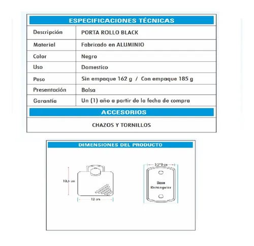 YW146-07-2 PORTA ROLLO BASE RECTANGULAR EN ALUMINIO COLOR NEGRO