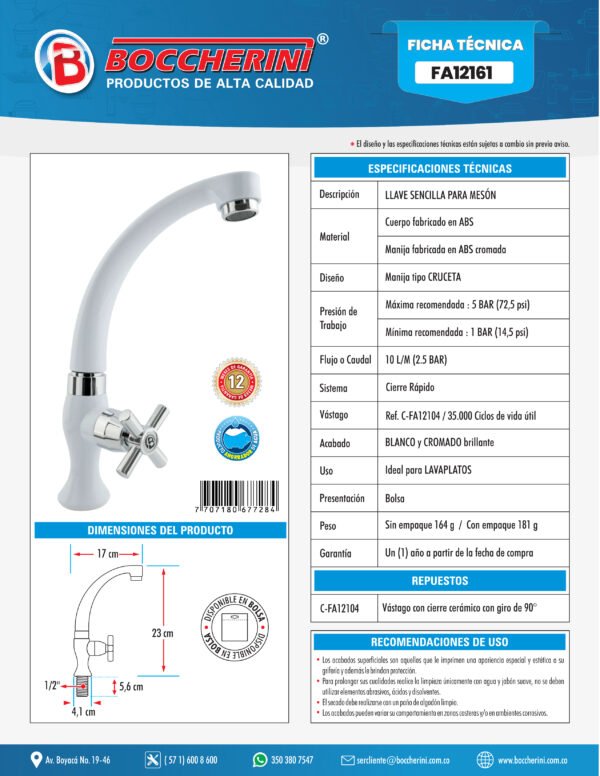 Llave Sencilla Meson Lavaplatos en ABS Blanca Manija Tipo Cruceta Cromada
