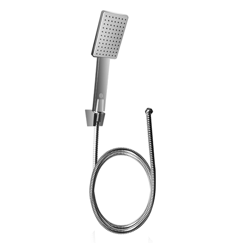 TELEDUCHA CON MANGO CUADRADO EN ABS, MONOFUNSION CROMADA CON SOPORTE EN ABS, MANGUERA EN ACERO INOXIDABLE DE 1.5 MTS