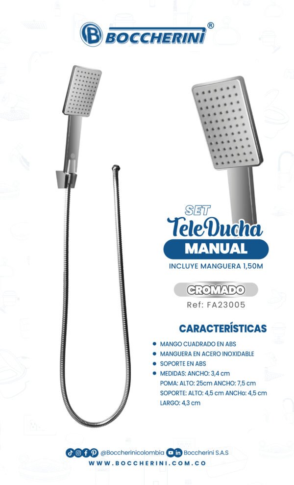 TELEDUCHA CON MANGO CUADRADO EN ABS, MONOFUNSION CROMADA CON SOPORTE EN ABS, MANGUERA EN ACERO INOXIDABLE DE 1.5 MTS