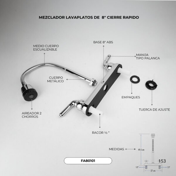 FA80101 (2) Mezclador Lavaplatos de 8 Cierre Rapido Manija Tipo Palanca Dos Chorros