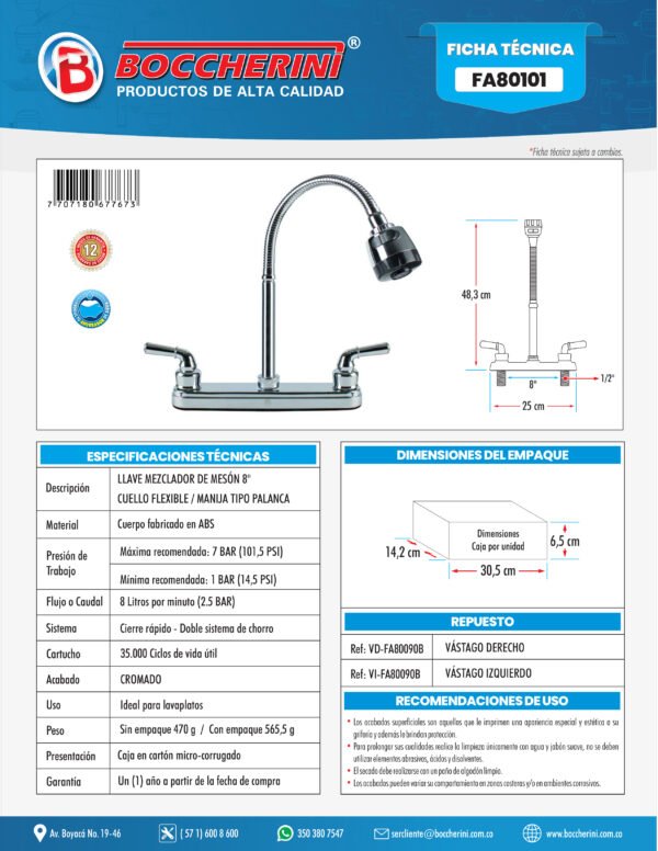 ABRIL 2021.cdr Mezclador Lavaplatos de 8 Cierre Rapido Manija Tipo Palanca Dos Chorros