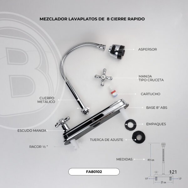 FA80102 (2) Mezclador Lavaplatos de 8 Cierre Rapido Manija Tipo Cruceta Dos Chorros