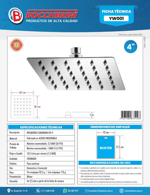 REGADERA CUADRADA EN ACERO INOXIDABLE DE 4