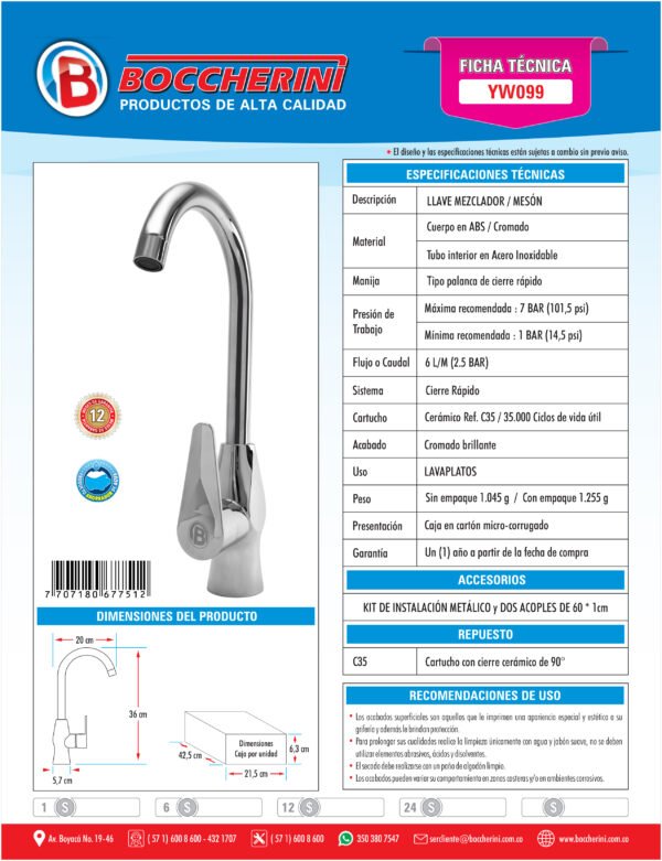 FICHAS GRIFERIA DICIEMBRE 2019.cdr Mezclador Monocontrol Lavaplatos Manija Tipo Palanca Cromada