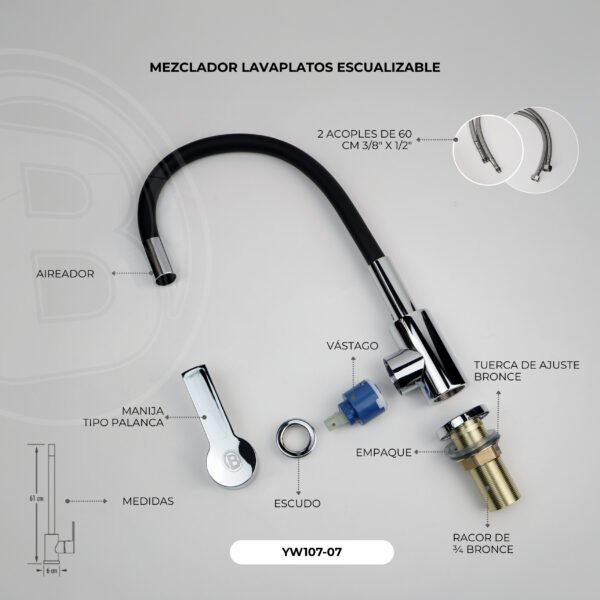 Mezclador Lavaplatos Meson Lavaplatos Esqualizable Cuerpo en ABS Base en Zinc Color Negro