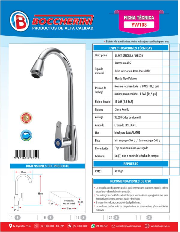 Llave Sencilla Meson Lavaplatos Cuerpo en ABS Manija Tipo Palanca