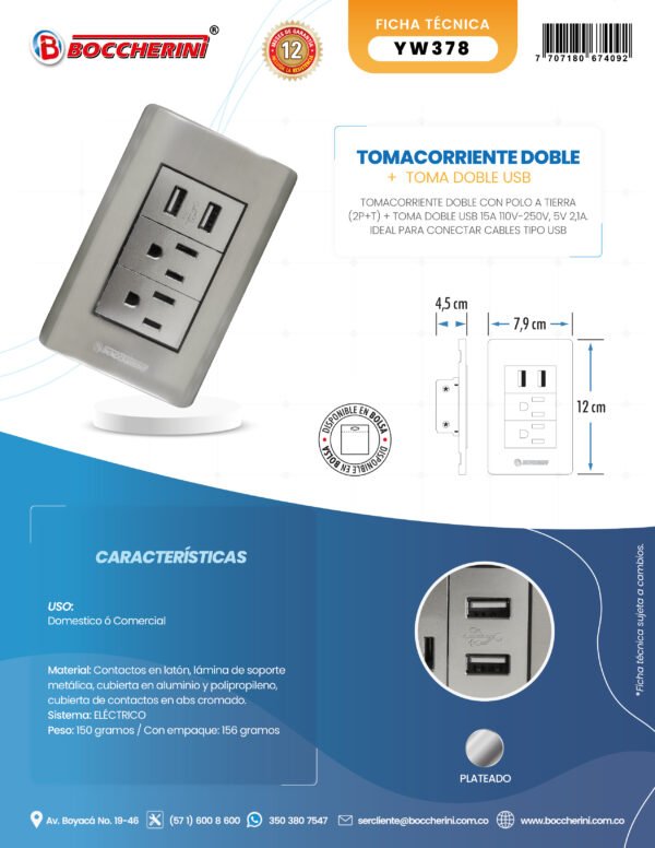 TOMACORRIENTE DOBLE CON POLO A TIERRA (2P+T) + TOMA DOBLE USB 15A 110V-250V  5V 2 1A COLOR PLATEADO