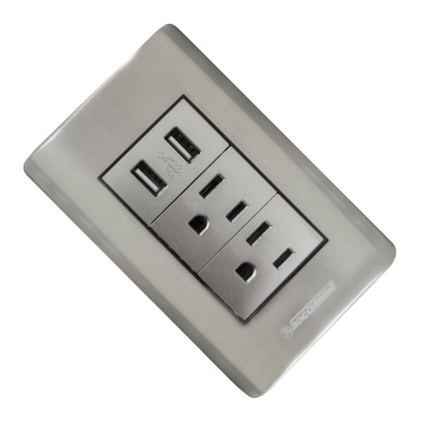 TOMACORRIENTE DOBLE CON POLO A TIERRA (2P+T) + TOMA DOBLE USB 15A 110V-250V  5V 2 1A COLOR PLATEADO