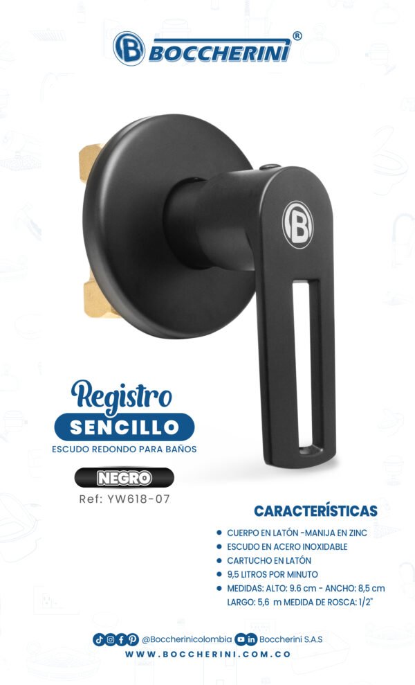 YW618-07 REGISTRO SENCILLO, MANIJA EN ZINC COLOR NEGRO CUERPO EN LATON ESCUDO EN ACERO INOXIDABLE CARTUCHO EN LATON PESO: 275G