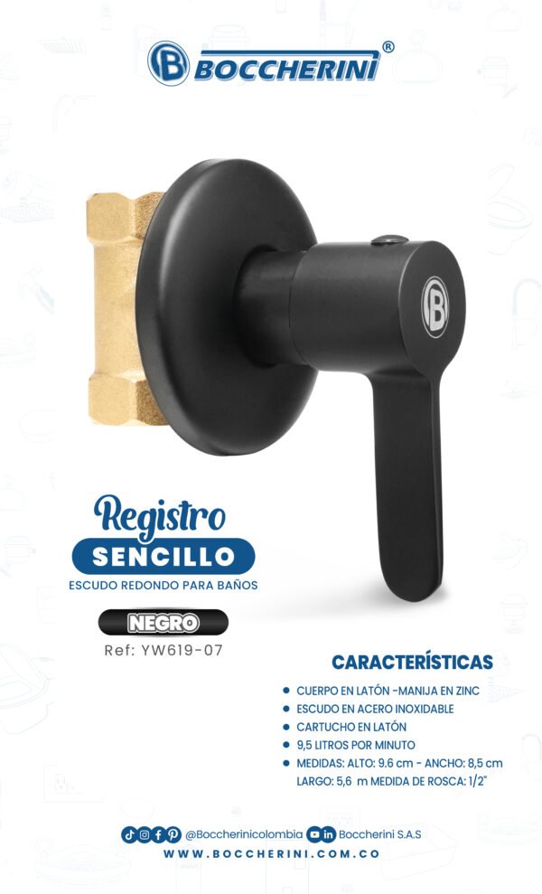 YW619-07 REGISTRO SENCILLO, MANIJA EN ZINC COLOR NEGRO CUERPO EN LATON ESCUDO EN ACERO INOXIDABLE CARTUCHO EN LATON PESO: 260G