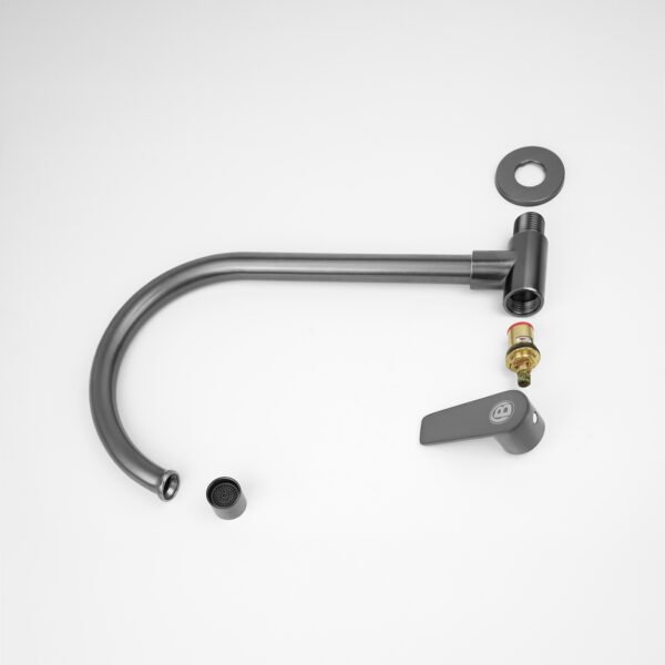 YW626-11 despiece Llave Sencilla de Pared Color Gris Cuerpo en Acero Inox # 304 Manija en Acero Inox Cartucho en Laton Peso: 300 G