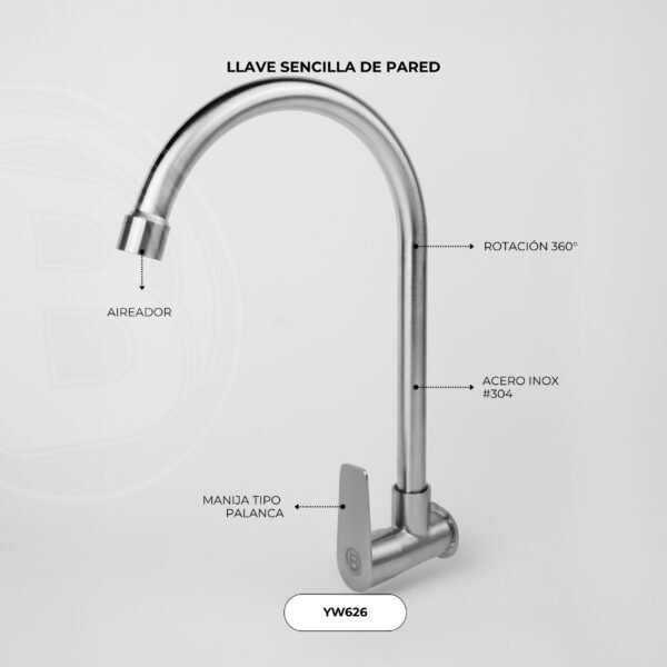 Llave Sencilla de Pared Cromada Cuerpo en Acero Inox # 304 Manija en Acero Inox Cartucho en Laton Peso: 300 G