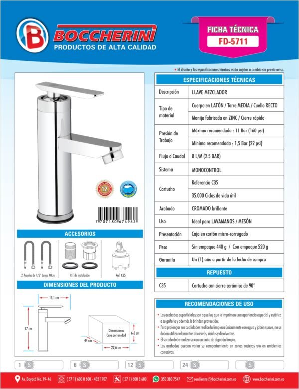 FICHAS GRIFERIA 2020.cdr Monocontrol Lavamanos Torre Media Cuello Recto