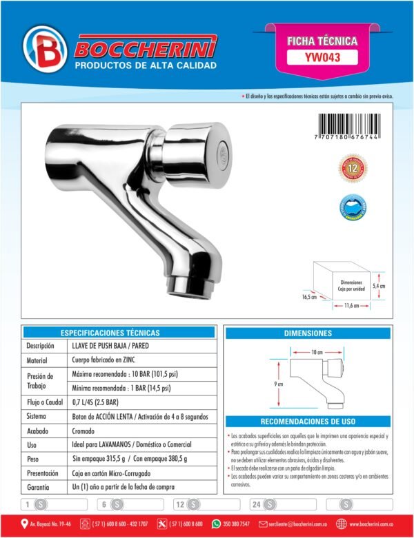 Llave de Push Lavamanos Pared Ref. Yw043