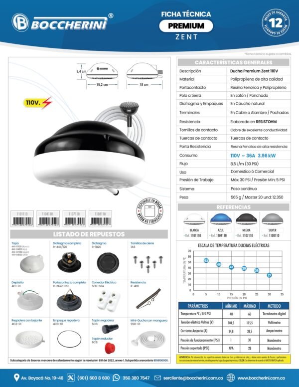 DUCHA PREMIUM ZENT BLANCA CON MANGUERA 110V