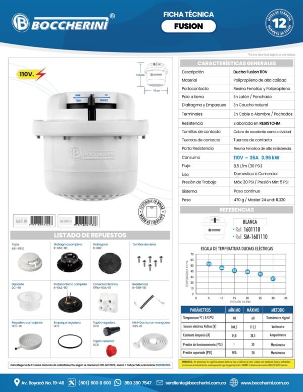 1601110-ft DUCHA FUSION BLANCA CON MANGUERA 110V