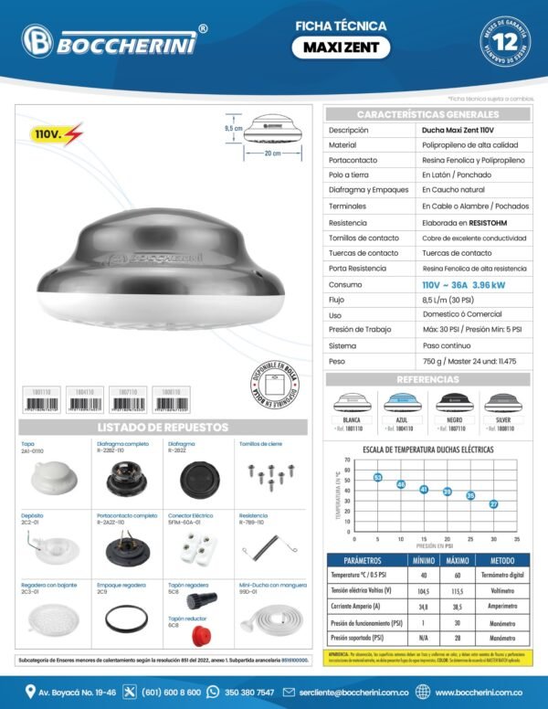 DUCHA MAXI ZENT BLANCA CON MANGUERA 110 V