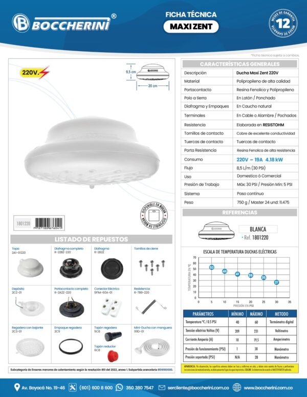 1801220-ft DUCHA MAXI ZENT BLANCA CON MANGUERA 220V