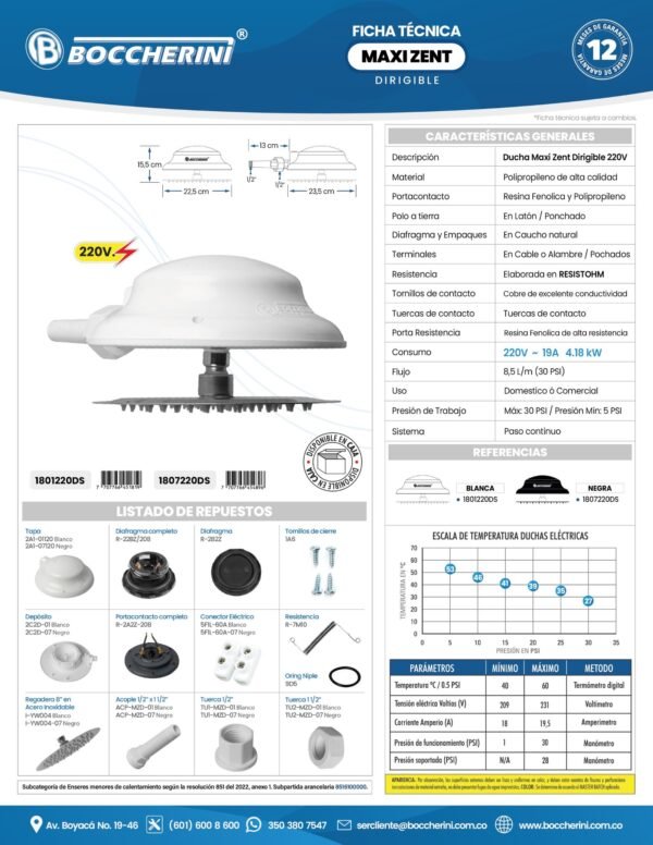 DUCHA MAXI ZENT DIRIGIBLE BLANCA SLIM 220V