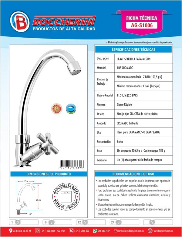 AG-S1006-ft Llave Sencilla Lavaplatos ABS Manija Tipo Cruceta