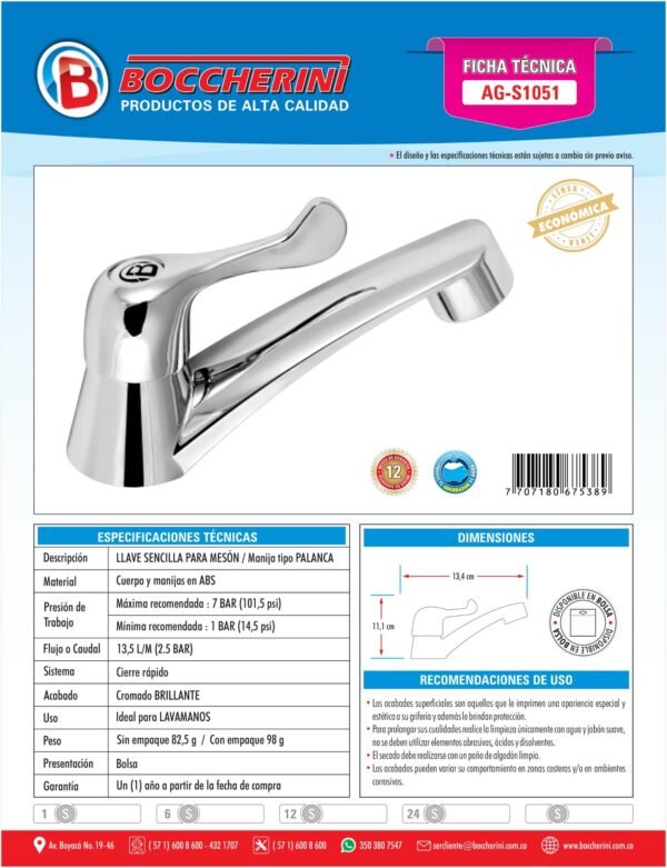 Llave Sencilla Lavamanos ABS Manija Tipo Palanca