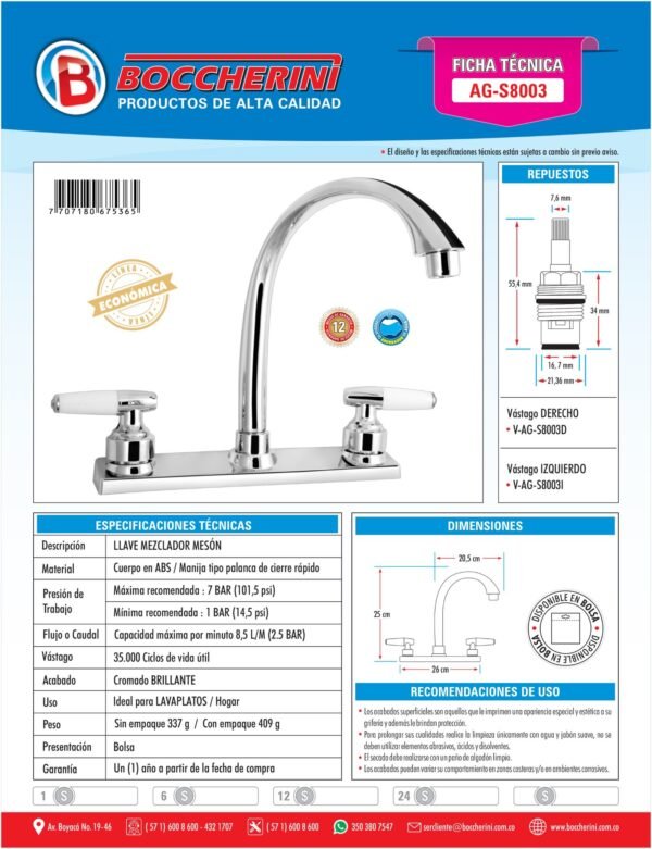 Mezclador Lavaplatos - Lavamanos 8" en ABS Manija Tipo Palanca