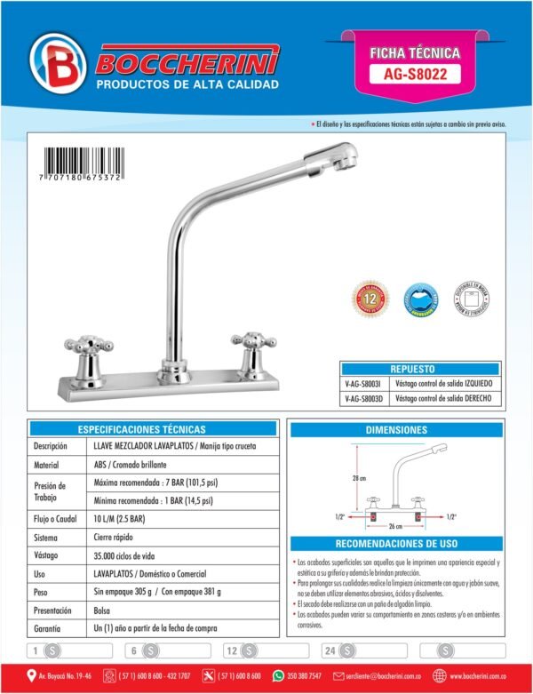 Mezclador Lavaplatos 8"" en ABS Manija Tipo Cruceta