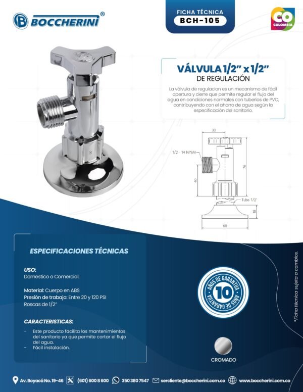 VÁLVULA DE REGULACIÓN PLÁSTICA CROMO DE 1/2 X 1/2