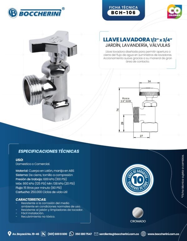 LLAVE LAVADORA METAL CROMO DE 1/2 X 3/4