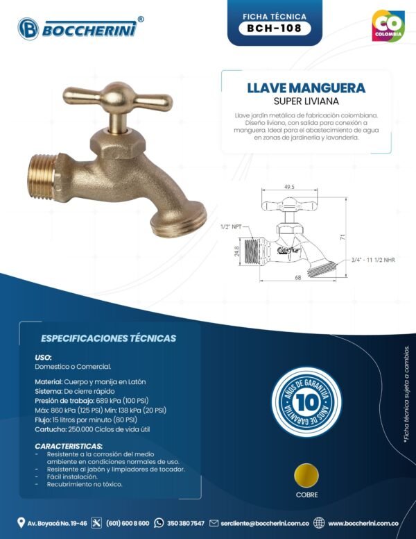BCH-108-ft LLAVE MANGUERA SUPERLIVIANA COBRE