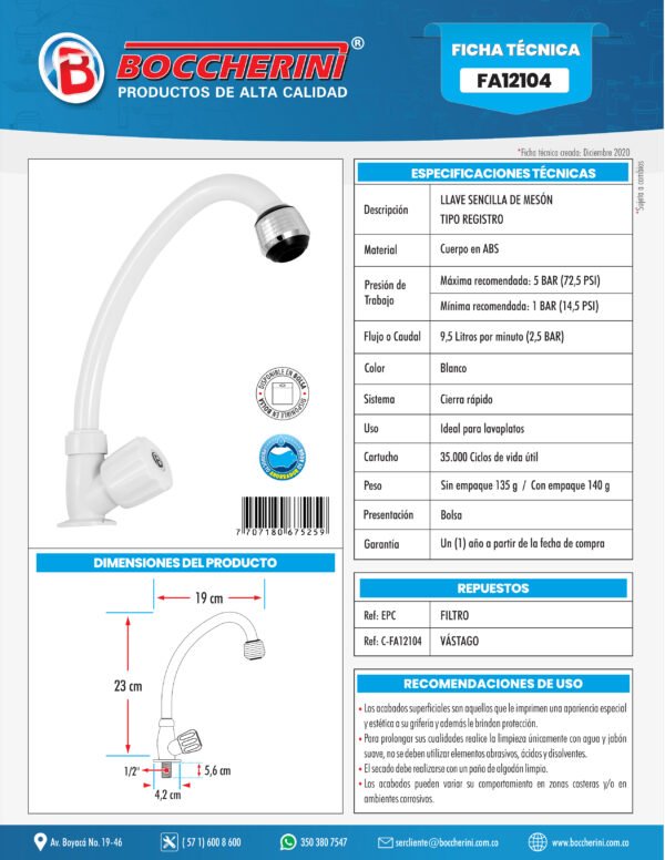 Llave Sencilla Lavaplatos Blanca Manija Tipo Pomo