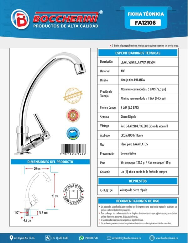 Llave Sencilla Lavaplatos Cromada Manija Tipo Palanca