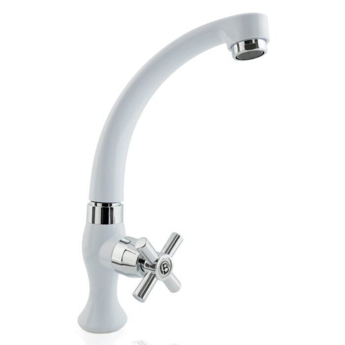 Llave Sencilla Mesón Lavaplatos en ABS Blanca Manija Tipo Cruceta Cromada