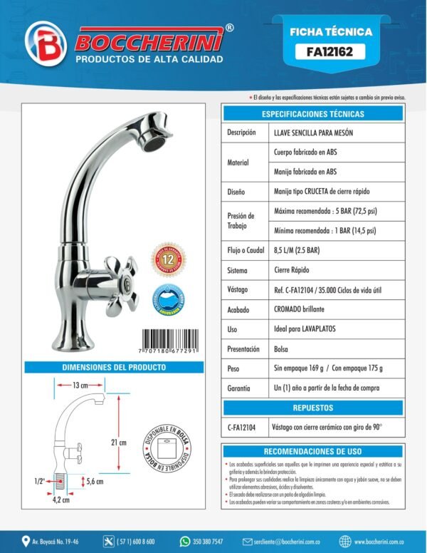 Llave Sencilla Meson Lavaplatos en ABS Cromada Manija Tipo Cruceta