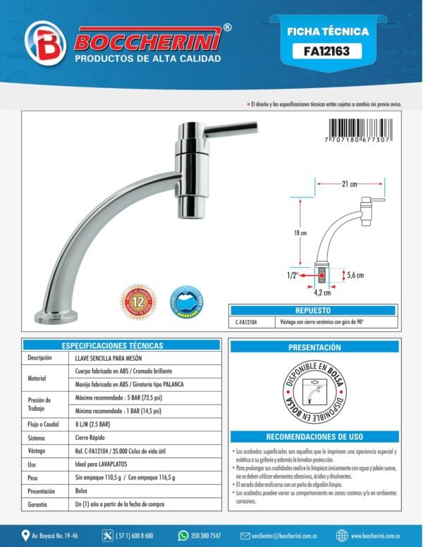 FA12163-ft Llave Sencilla Meson Lavaplatos en ABS Cromada Manija Tipo Palanca