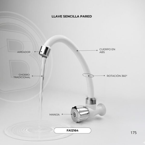 Llave Sencilla Lavaplatos de Pared en ABS Blanca y Cromada Manija Tipo Pomo