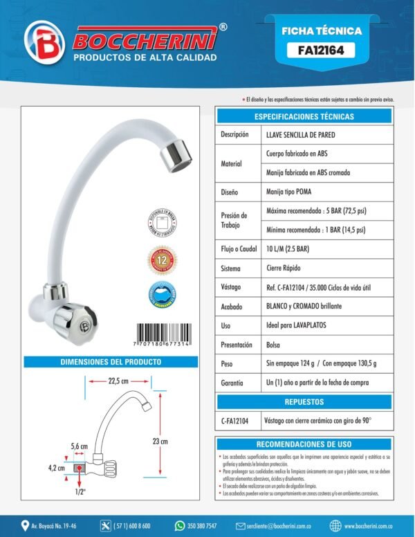Llave Sencilla Lavaplatos de Pared en ABS Blanca y Cromada Manija Tipo Pomo