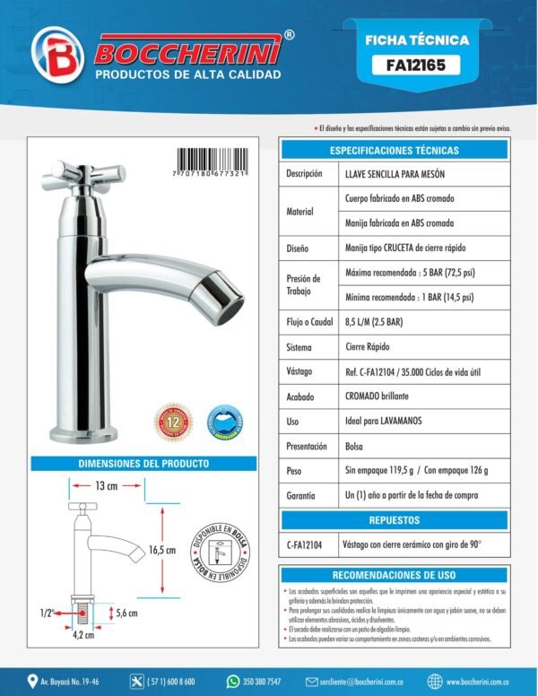 Llave Sencilla Lavamanos en ABS Cromada Manija Tipo Cruceta