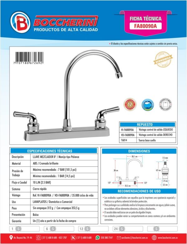 Mezclador Lavaplatos 8° en ABS Manija Tipo Palanca