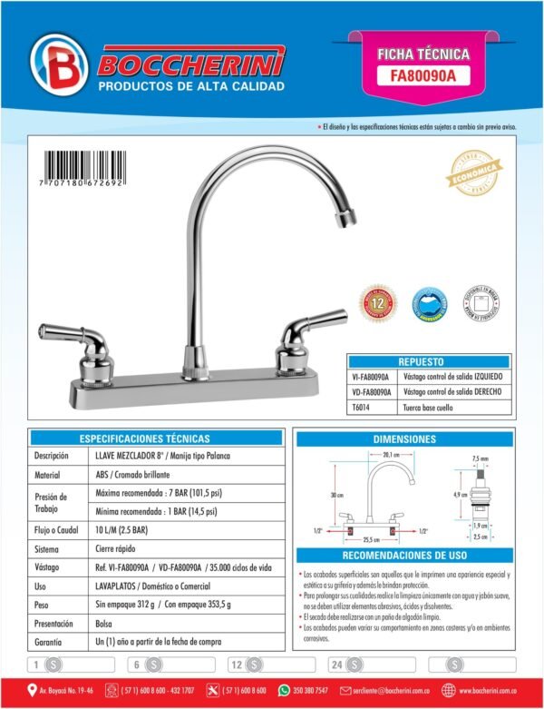 Mezclador Lavaplatos 8° en ABS Manija Tipo Palanca