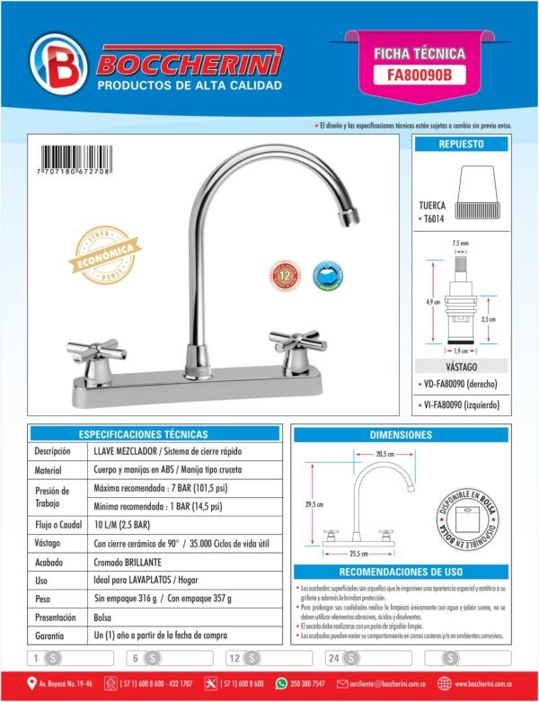 Mezclador Lavaplatos 8"" Lavaplatos en ABS Manija Tipo Cruceta