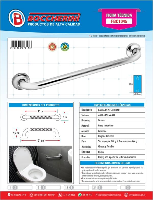 BARRA DE SEGURIDAD MANGO ANTIDESLIZANTE 45CM