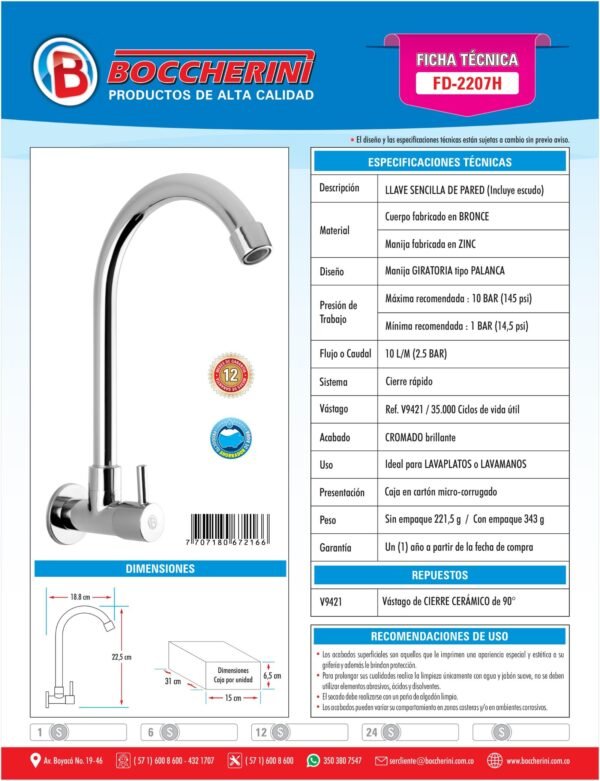 Llave Sencilla Pared Manija Redonda