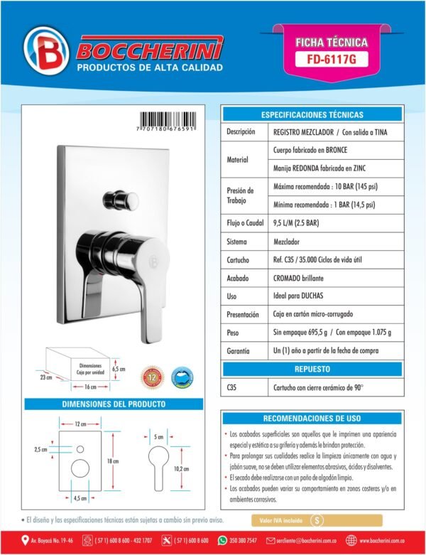 REGISTRO MONOCONTROL DUCHA  EN BRONCE MANIJA CUADRADA EN ZINC CON SALIDA A TINA