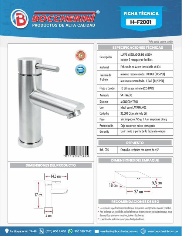 H-F2001-ft-1.jpg Mezclador Lavamanos en Acero Inoxidable # 304 Incluye 2 Mangueras Flexibles 1